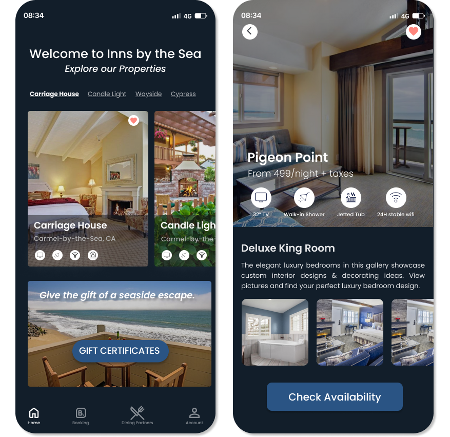 2 mobile screens showing the landing page and room view of the IBTS mobile app